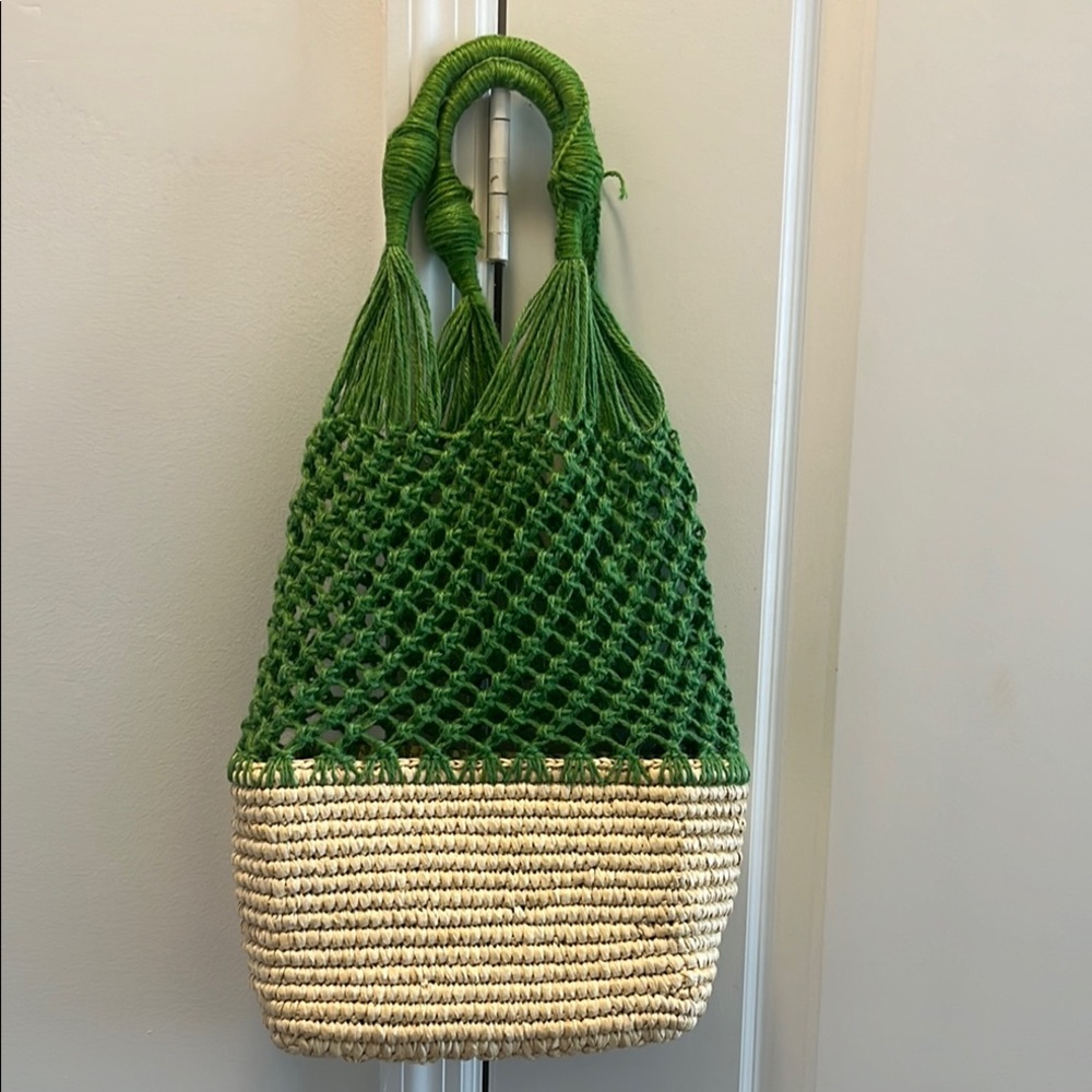 Green and Tan Woven Tote Bag